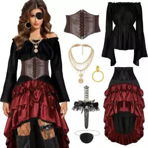 CICOCI 해적 의상 여성 르네상스 코르셋 스팀펑크 스커트 탑 액세서리 전체 할로윈