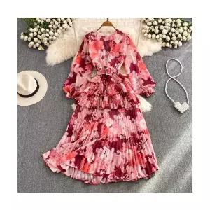 에네로 여자 레이스 원피스 하객 봄가을 빈티지 긴팔 라운드넥 A라인 프린트 프릴 케이크 러블리 롱스커트