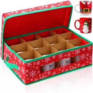 칸막이가 있는 웨스노이 크리스마스 머그 보관함 16 x 12.6 5 인치 스템웨어 보관 케이스 용기 2 개 손잡이