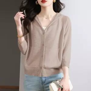 니트 여름 캐주얼 얇은 상의 쿨링 여자후드가디건 겉감 카디건 후드 7부 ible1