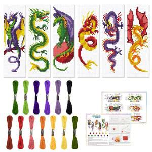 오리가치 6개 크로스 스티치 북마크 키트 초보용 드래곤 패턴 스탬프 자수 스티치 키트 스타터 DIY 북마크용 프린트 크로스 스티치 키트 13가지 색상 자수 치실 포함