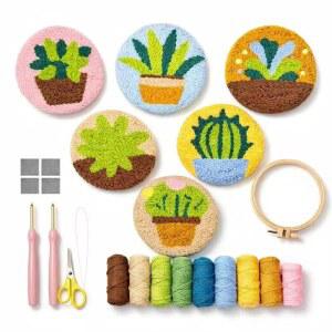 성인 초보자를 위한 펀치 니들 코스터 키트, 간편한 펀치 자수 스타터 세트 u2013 식탁 장식 및 축제 DIY 선물용 재미있는 머그 러그 만들기 키트 (다육식물 6개)