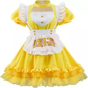 LQTIKLD Chica 코스프레 의상 여성 옐로 메이드 롤리타 에이프런 달콤한 귀여운 고급 드레스 할로윈