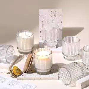 DEVI 7온스 빈 투명 리브 유리 캔들 8개 세트 대나무 뚜껑이 있는 대량 용기 통 만들기 용품 결혼식 선물