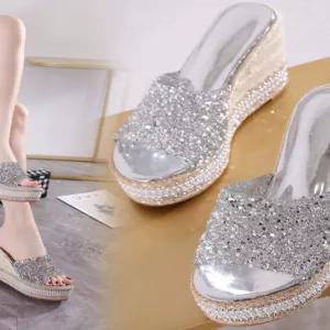 반짝 샤이닝 키높이 라탄 통굽 가보시 웨지 슬리퍼 8cm 10cm