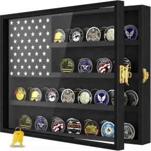 밀리터리 챌린지 코인 디스플레이 케이스 16 x 12인치 방진 UHD 아크릴 도어가 있는 나무 아메리칸 플래그