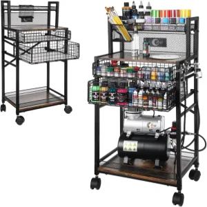 OPIR 5단계 아트 카트 에어 브러시 홀더 2개 포함 페인트 보관 잠금 휠이 있는 금속 롤링 공예 서랍 및 1개