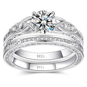 빈티지 켈틱 매듭 여성용 약혼 반지 세트 925 스털링 실버 / 14K 골드 도금 스태커블 웨딩 밴드 AAA 큐빅 지르코니아 여성 신부 폭 1.8mm 사이즈 5-9