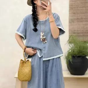 피콜로 여자 데일리룩 셔츠 무지데님 데님 여름 레이스 상의 반팔 라운드넥 블라우스 KUK2