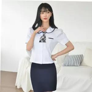 교복몰 배색라인 둥근카라 퍼프 여자 반팔셔츠 교복