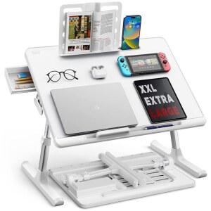 노트북 침대 트레이 테이블 노트북용 SAIJI 조절식 책상 식사 작업 글쓰기 게임 그림 그리기를 위한 수납 서랍이 있는 접이식 스탠드(흰색 X-대형)