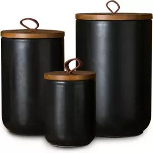조주노 블랙 세라믹 용기 세트 나무 뚜껑 주방 조리대용 밀폐 식품 보관 3개 - 밀가루 설탕 커피 차 향신료
