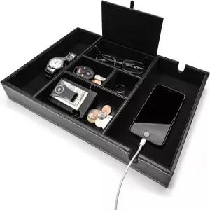 울트라 남성용 발렛 트레이 나이트스탠드 정리함 엔트리 테이블 캐치 올 블랙 인조 가죽 상자 6칸