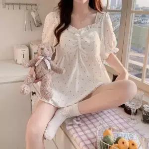 스파이더맨 여름 여자 면 컬러 도트 파자마 전원편안 프린세스풍 반팔 반바지 브라 패드 OPH2