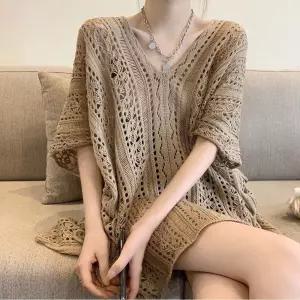 그물니트 여성 시스루 커버업 브이넥 오버핏 여름 yiR9+9CeD