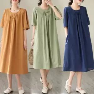 은창]무드 컬러 넥라인 셔링 면 원피스 여름 치마 면혼방 빅사이즈 루즈핏 퍼프 반팔 롱원피스 여성
