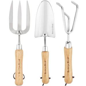 베리앤버드 가든 툴 세트 3피스 스테인리스 스틸 헤비 듀티 가드닝 키트에는 잡초 이식용 나무 손잡이 있는 핸드 트롤 핸드 경운기 핸드 포크가 포함되어 있으며 이상적인 정원 선물입니다