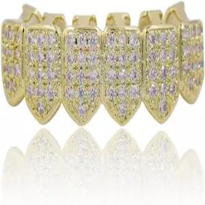 탑그릴즈 뱀파이어 이빨 - 18K 골드 도금 스 아웃 CZ 팡스 힙합 래퍼 의상 액세서리 코스프레 엑스트라