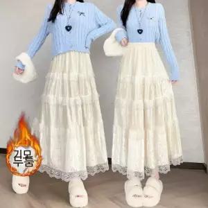 스파이더맨 치마 롱 여성용 영상 레이스 우산 기모 도톰 중기장 A라인 OPH1