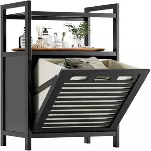 HITNET 틸트 아웃 세탁 바구니 탈부착 가능한 가방과 2단 수납 선반이 있는 대나무 욕실 캐비닛 금속