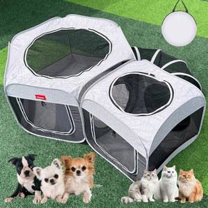 터널이 있는 휴대용 개 플레이펜 2룸, 별도의 공간이 3-in-1 대형 고양이 상자 플레이 인클로저, 강아지 고양이와 작은 동물을 위한 접이식 애완동물 실내 야외