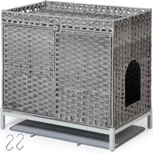 SETVSON 고양이 쓰레기통 인클로저 가구 매트가 있는 숨겨진 손으로 짠 라탄 금속 높이의 발이 대형 집