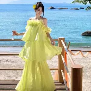 원피스 여성용 롱스커트 해변 드레스 쉬폰 프렌치 어깨 일자 생일 바캉스 KS1