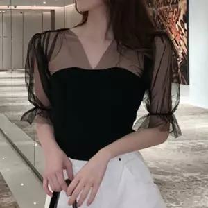 시스루 퍼프소매 반팔 니트 신축성 슬림핏 여신룩 TQb6+2CtE