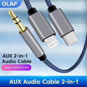 올라프 2 in 1 Aux 오디오 케이블 USB C/라이트닝-3.5mm 잭 (휴대폰, 차량 스피커용) 남성-남성 변환