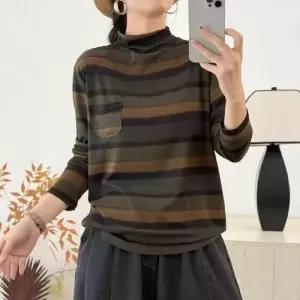 가을 여성용 풀오버 폴라 상의 데일룩 티 긴팔 스트라이프 반목 DAOL3