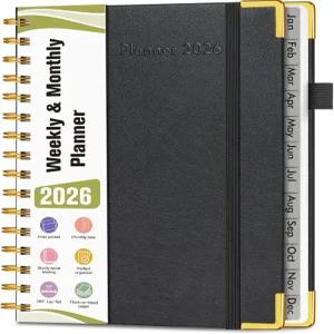2026 플래너 하드커버 가죽 주간 및 월간 2026년 1월 - 12월 스파이럴 연간 어젠다 정리책 탭 포함 일일