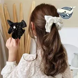 여성용 우아한 리본 진주 헤어핀 편한 체크리본 진주 바나나클립핀 ELH USH 여성미 강조