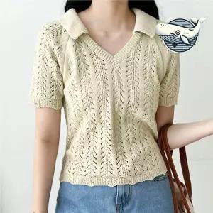 여름 니트 브이넥 카라 반팔 세련된 물결무늬 Akx7+6qjI