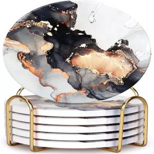 책상 라운지 커피 테이블 와인 음료 바 코스터 세트를 위한 홀더 최고의 원형 흡수 포함된 블랙 마블 추상