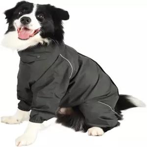 중형 대형견용 반려견 우비 재킷 코트 탈부착 가능한 후드와 꼬리가 있는 풀 레그 커버 방수 반사 스트립