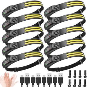 FLUEFOWL 새로운 LED 헤드램프 충전식, 이마용 230 COB 초밝은 헤드라이트, 6Mode 하드햇 라이트, 업무, 하이킹, 달리기, 캠핑용 USB C 헤드밴드 손전등 (10팩)