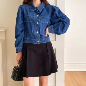 [하프클럽/]여자 카라넥 포켓 스티치 크롭 청자켓