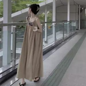 [하프클럽/]베이지 홀터넥 민소매 롱 원피스 여성 바캉스룩