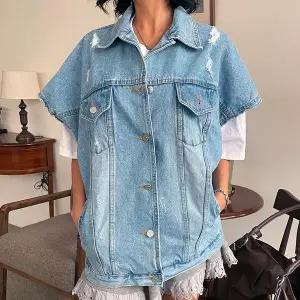 [하프클럽/]여자 박시핏 포켓 카라넥 데미지 반팔 연청 조끼