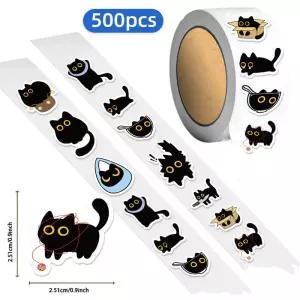 500PCS 10 가지 패턴 검은 고양이 롤 스티커 작은 장식 DIY 수하물 스케이트 보드 워터 컵