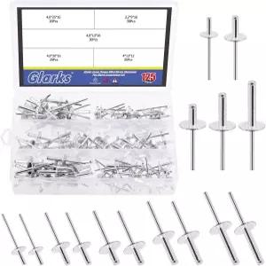 글락스 125Pcs 5사이즈 대형 플랜지 알루미늄 블라인드 리벳 팝 모음 세트 금속판 파이프 자동차 연결용