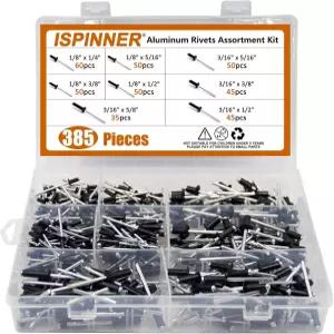 ISPINNER 385pcs 8사이즈 알루미늄 블라인드 리벳 팝 모음 키트블랙