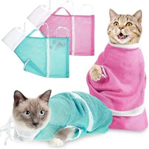 섀피 2개 고양이 목욕 가방 조절 방지 세탁 물림 가능한 손톱 그루밍 망 검사 애완동물 다듬기 긁힘 그린용