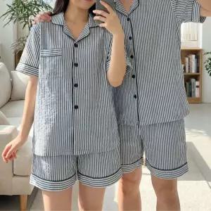 네이비 블랙 스트라이프 커플잠옷 반팔 반바지 세트 남여 파자마 지지미 여