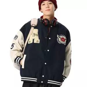 [골드스마일]남성 네이비 자수 패치 널널 오버핏 바시티자켓 점퍼