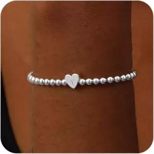 여성용 구슬 팔찌 하트 이니셜 A-Z 참 스트레치 볼 트렌디한 주얼리 선물