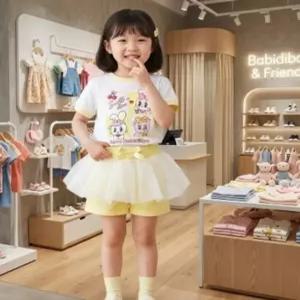 리틀밥독키즈 여름옷 옐로몽글티 레이팡숏 레이스 3부바지 여아상하복 M262MTS11+13