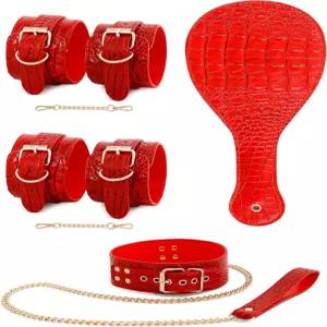 패들 커플 수갑 체인 목줄 세트 놀이 침실용 3pcs 빨간색