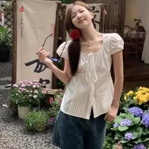 ( )여름블라우스 썸머 스트랩 데이트룩 리본 코디 러블리 블라우스 핀턱 여성 여름 셔츠