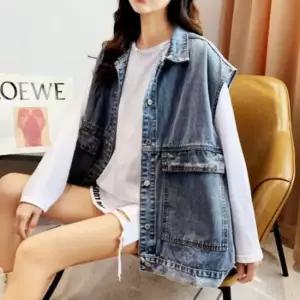 오버핏 여성 데님조끼 청베스트 포켓 워싱 조끼